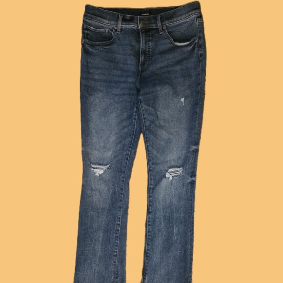 EXPRESS Skyscraper Bootcut Denim Jeans Women's 10R Mid Rise Blue Distressed - Picture 2 of 8